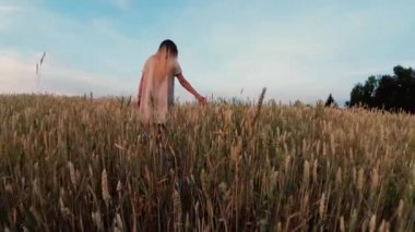 Çiçekli kız tahıl tarlasında yürüyor.