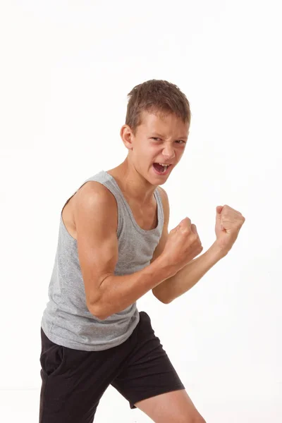 Adolescente Con Una Camicia Grigia Emozioni Del Vincitore — Foto Stock