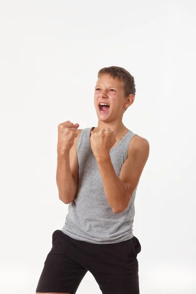 Adolescente Con Una Camisa Gris Las Emociones Del Vencedor — Foto de Stock