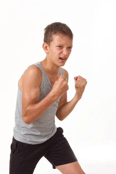 Tiener Een Grijs Shirt Emoties Van Winnaar — Stockfoto