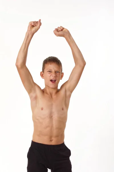 Adolescente Com Músculos Emoções Vencedor — Fotografia de Stock