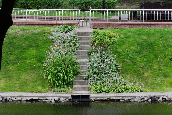 Escalier Décoratif Dans Décoration Fleurs Menant Eau — Photo