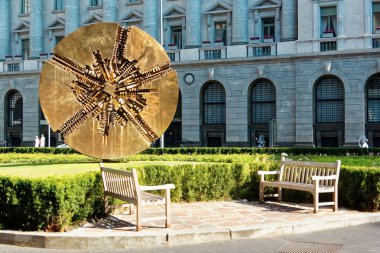 Milan, Italy 20 August 2018: Disco Solare di Arnaldo Pomodoro