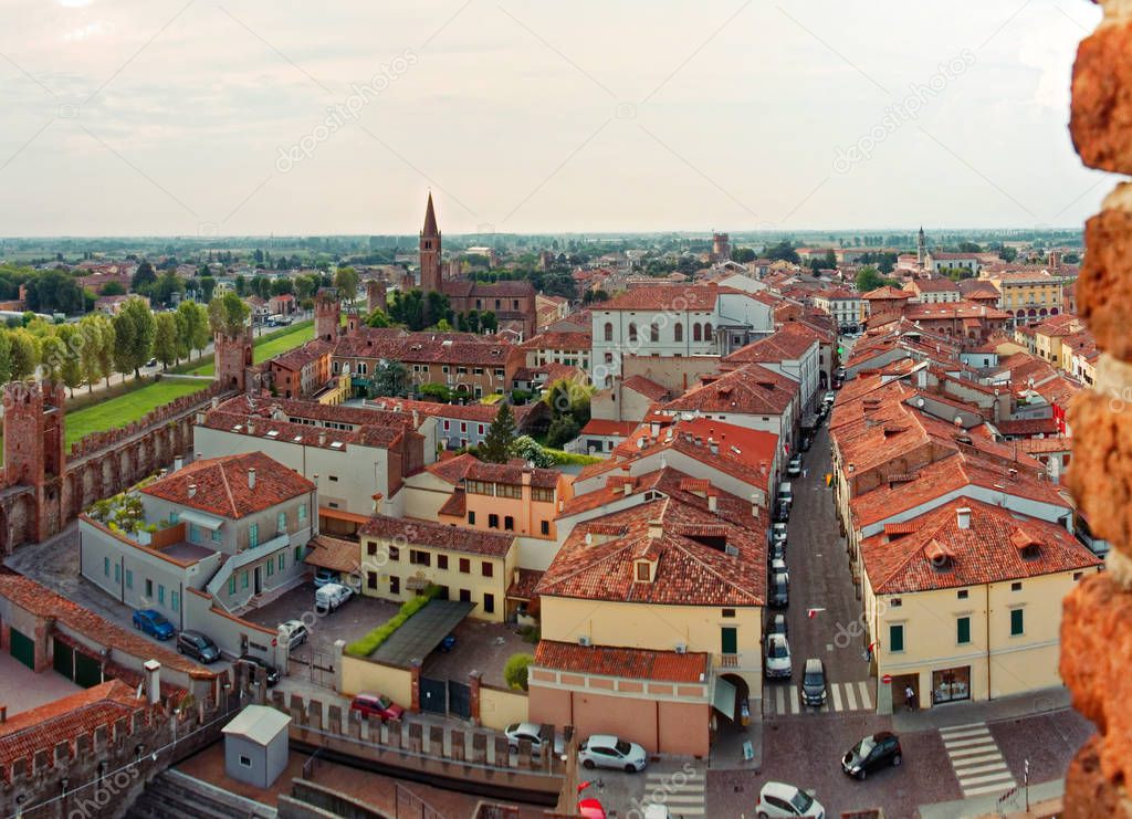 Montagnana, Italy - August 24, 2018: Panoramic view of the city fortress from the tower