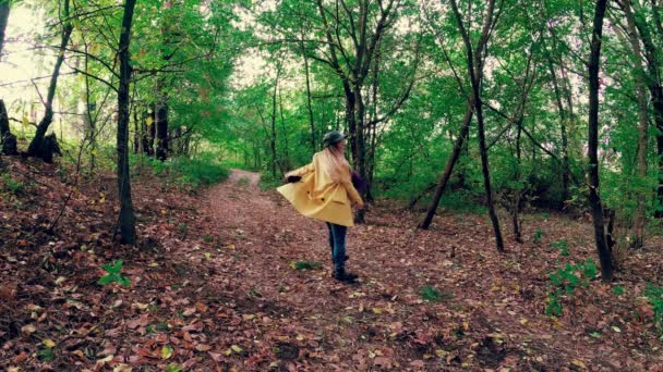 Chica Caminar Otoño Colorido Hermoso Bosque — Vídeos de Stock
