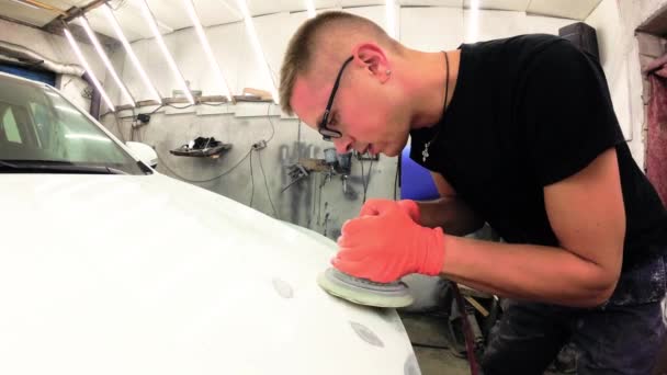 Young Man Repairs Cars Garage — Stock Video