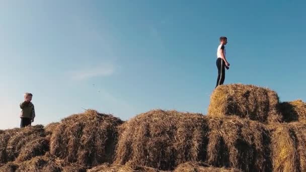 Kinderen Spelen Een Stapel Van Stro — Stockvideo