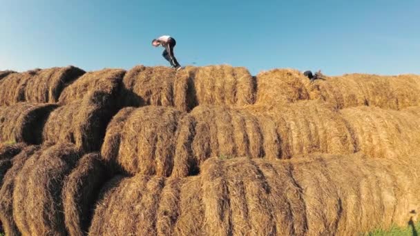 Děti Hrají Stoh Slámy — Stock video