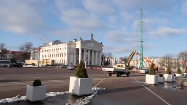 Gomel Bélaro Noviembre 2018 Instalación Árbol Año Nuevo Plaza Lenin — Vídeo de stock