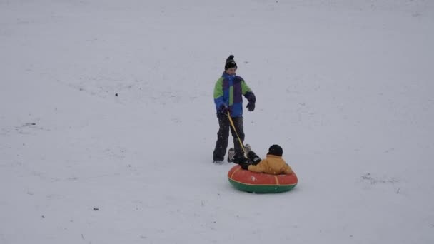 Διασκέδαση Χειμώνα Χιόνι Παιδιά Μια Σωλήνωση Βόλτα Από Μια Διαφάνεια — Αρχείο Βίντεο