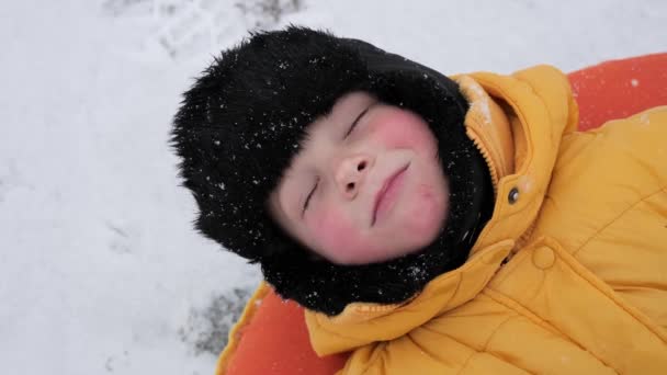 Sneeuw Winterpret Kinderen Rijden Een Buis Vanaf Een Dia — Stockvideo