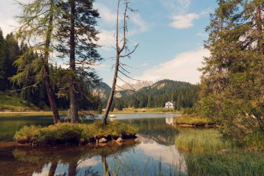Auronzo di Cadore, İtalya, 9 Ağustos 2018 Misurina Dağı Gölü. Evleri ve kafeleri olan güzel bir turistik yer.