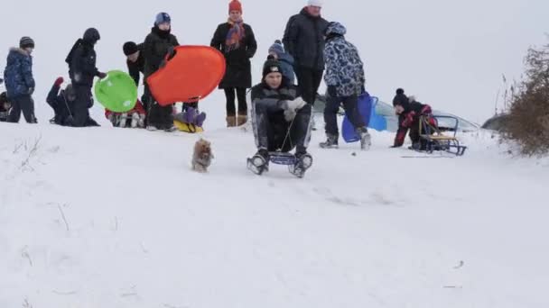 Gomel Belarus December 2018 Winter Fun Children Parents Sledging Snow — Stock Video