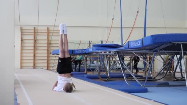 白俄罗斯戈梅利 2018年11月30日 在蹦床和跑步机上交出2005年运动员自由泳运动类别的标准 — 图库视频影像