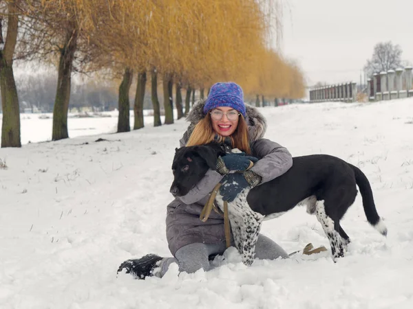 Güzel kız bir köpek karda sarılma