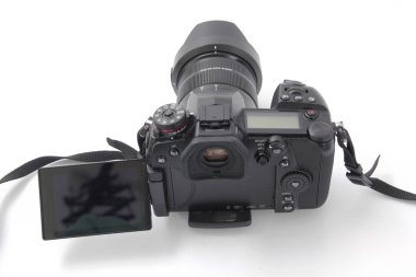 Gomel, Belarus - 11 Aralık 2018: Panasonic fotoğraf makinesi Ds G9 Beyaz bir arka plan