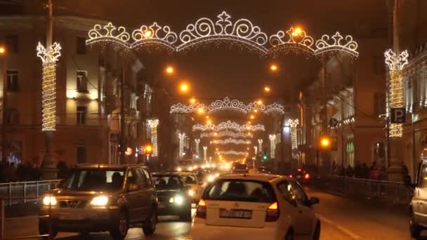 Homel Wit Rusland December 2018 Verkeer Verkeer New Year Nacht — Stockvideo