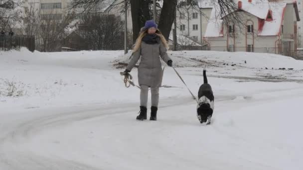Красивая Веселая Девушка Гуляет Собакой Указатель Снегу — стоковое видео
