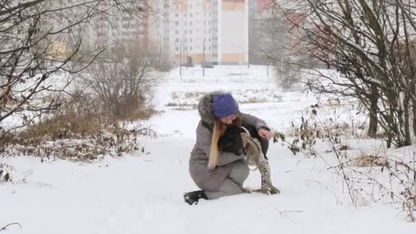 美丽的开朗的女孩走在雪地里的狗指针 — 图库视频影像