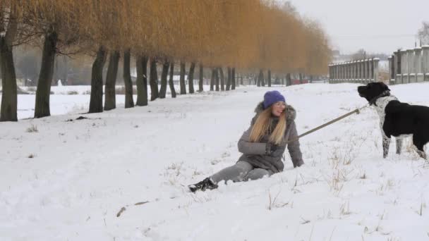 Bella Ragazza Allegra Che Porta Spasso Cane Indicatore Nella Neve — Video Stock