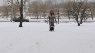 Güzel neşeli kız köpek işaretçi karda yürüyüş.