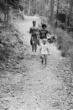 İnsanların dağlara yürüyerek seyahat.