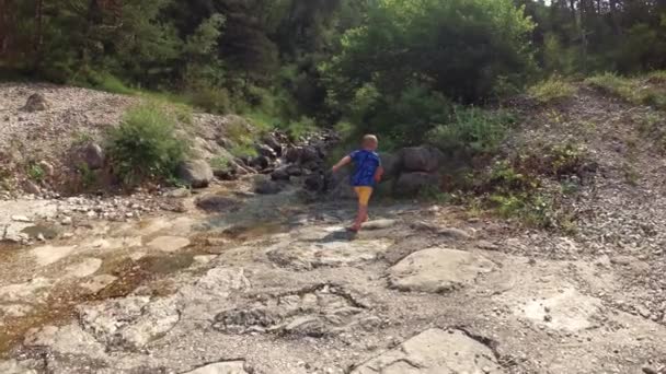 Enfant Est Assis Près Ruisseau Sur Les Rochers Dans Nature — Video