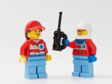 GOMEL, BELARUS - JANUARY 4, 2019: LEGO designer. heroes lifeguards on a white background clipart
