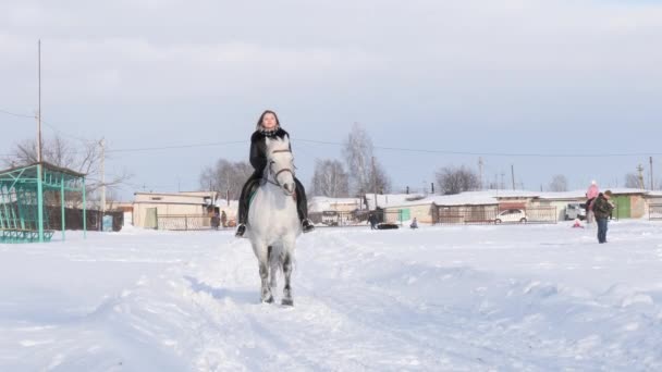 白俄罗斯戈梅尔 2019年1月19日 骑着马骑着马的骑手在管道上的雪橇上滚孩子 — 图库视频影像