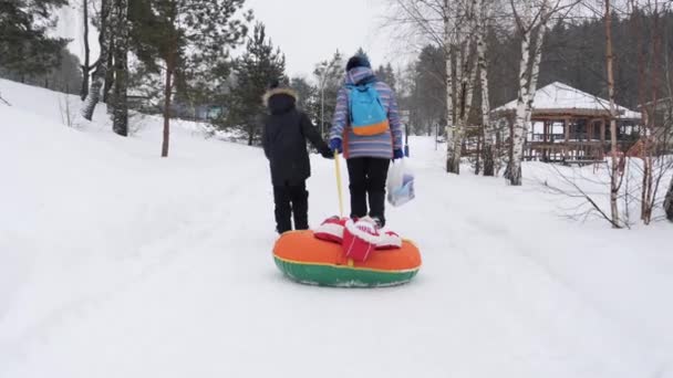 Διασκέδαση Χειμώνα Παιδί Που Έπεσε Από Τις Σκάφες — Αρχείο Βίντεο