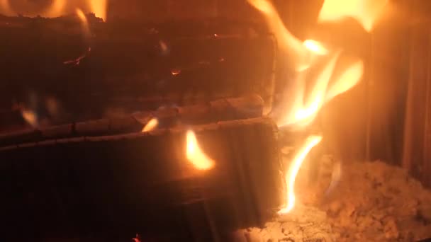 Rode Vlammen Van Natuurlijk Hout Van Otgryaschih Bij Open Haard — Stockvideo