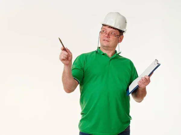Trabalhador Construção Civil Com Braços Dobrados Uma Expressão Séria Rosto — Fotografia de Stock