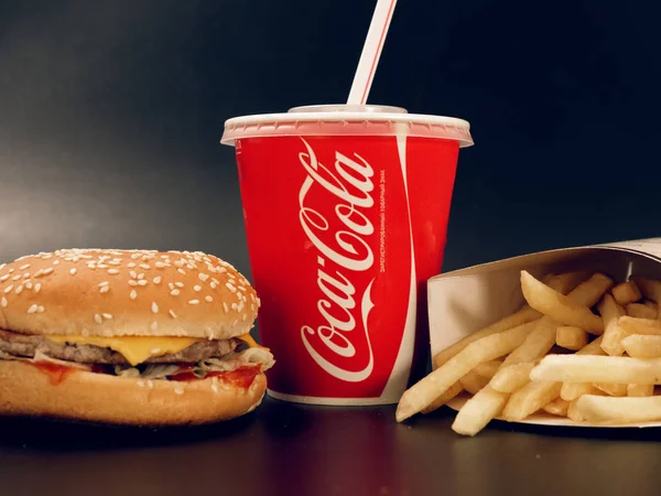 Gomel Belarus February 2019 Coca Cola Drink French Fries Burger — Stock Photo, Image