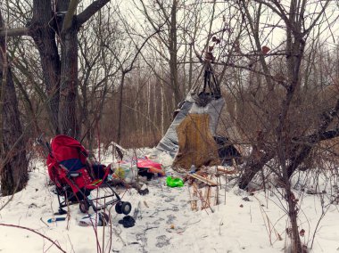 Gomel, Belarus. Bush banliyölerinde kış evsiz ev