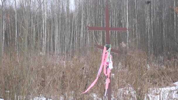 Christliches Kreuz Wegesrand Mit Bändern Winter — Stockvideo