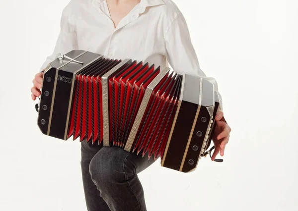 Gomel Weißrussland Februar 2019 Ein Bandoneon Musikinstrument Den Händen Eines — Stockfoto