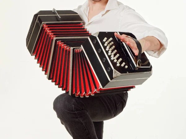 Gomel, Belarus - 14 Şubat 2019: bir bandoneon müzik aleti bir müzisyenin elinde
