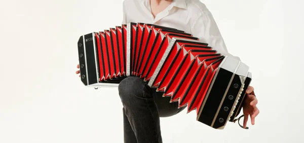 Gomel Belarus Febrero 2019 Instrumento Musical Bandoneón Manos Músico —  Fotos de Stock