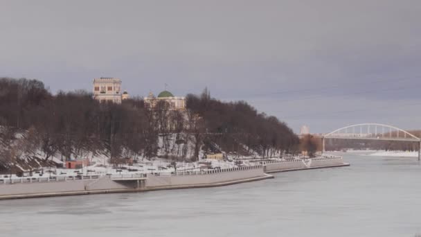 Gomel Vitryssland Februari 2019 Vackra Kajen Vid Floden Sozj Vintertid — Stockvideo