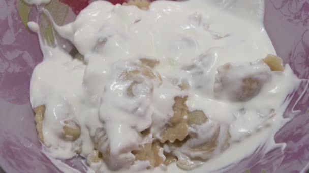 停止运动 盘子里有酸奶油的饺子 — 图库视频影像