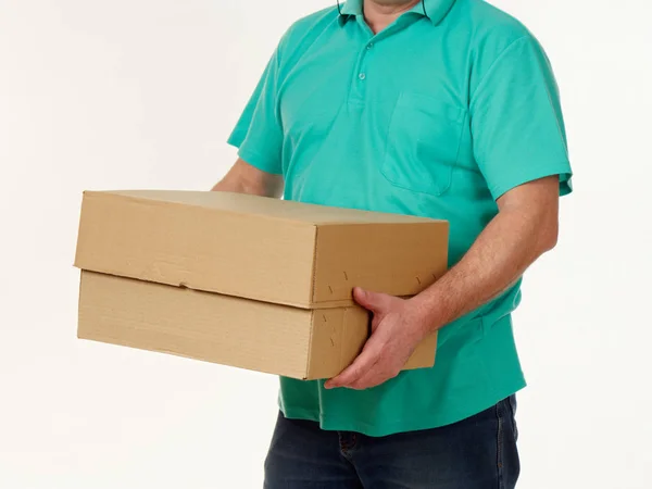 Mann Hält Seinen Händen Eine Große Schachtel Auf Weißem Hintergrund — Stockfoto