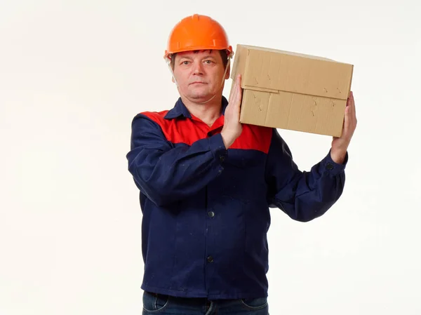Man Holds His Hands Big Box White Background — Stock Photo, Image