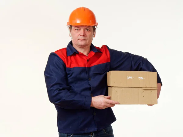 Man Holds His Hands Big Box White Background — Stock Photo, Image