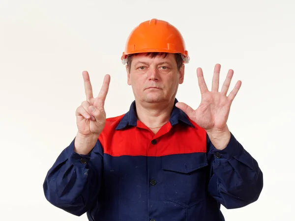 Homem Macacão Construtor Fundo Branco — Fotografia de Stock