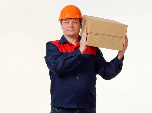 Man Holds His Hands Big Box White Background Stock Image