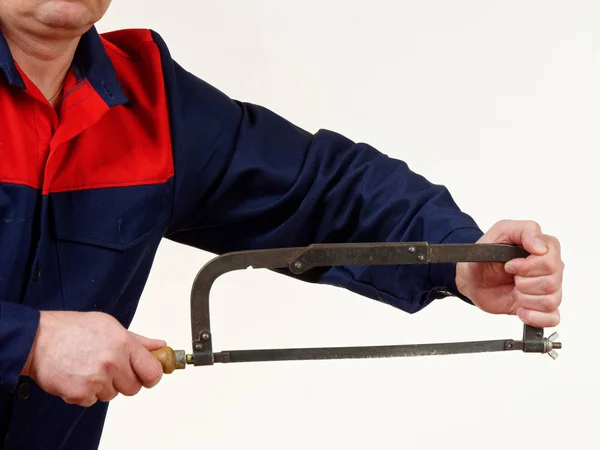 Man Overalls Holds Hacksaw Tool White Background — Stock Photo, Image