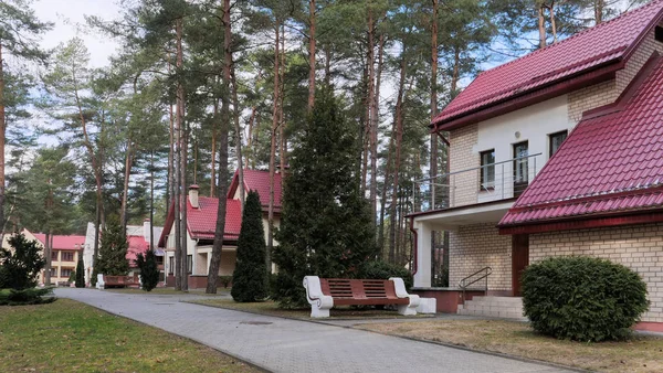 Grodno, Fehéroroszország - 2019. március 2.: Szanatórium Energetik. Lakóépületek, a fenyves erdő. — Stock Fotó