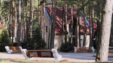 Grodno, Belarus - 2 Mart 2019: Sanatoryum Energetik. Çam ormanı içinde konut.