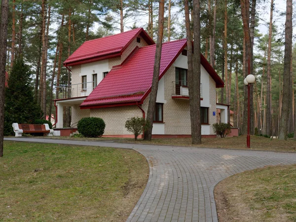 Grodno, Bělorusko - 2. března 2019: Sanatorium Energetik. Obytné budovy v borovém lese. — Stock fotografie