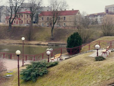 Grodno, Belarus - 18 Mart 2019: Park Azheshka Grodno şehir içinde.